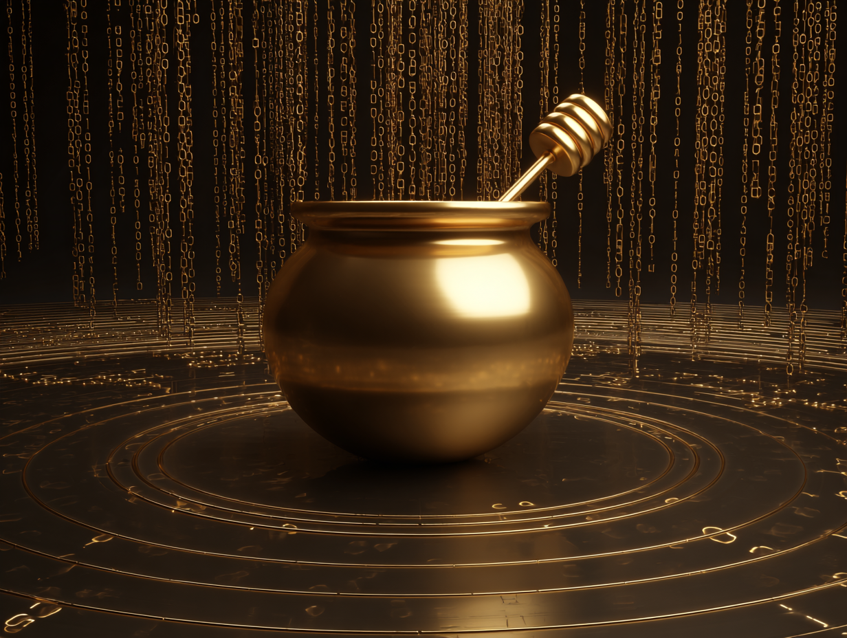 Golden honey pot with binary code representing valuable data extraction and privacy risk intelligence