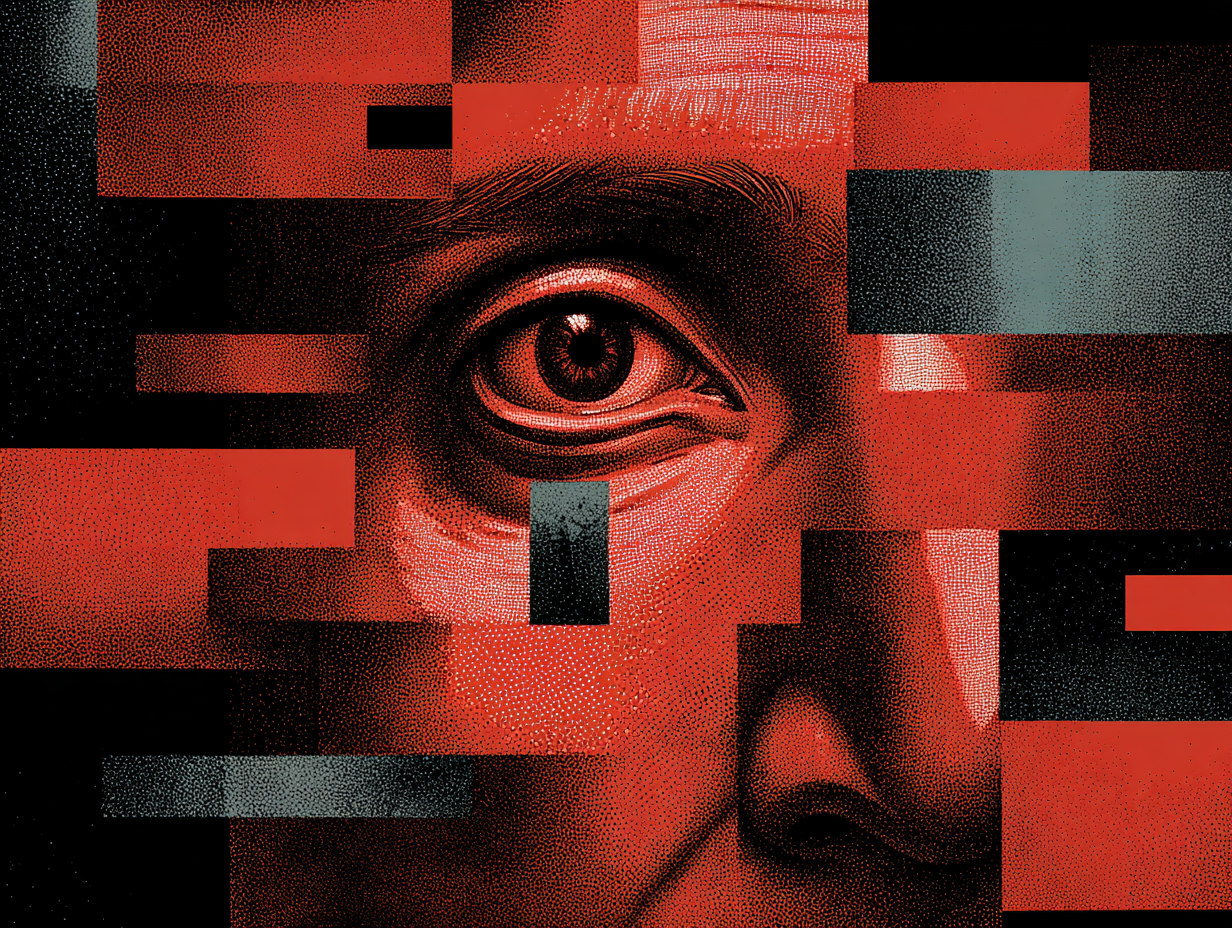 Compliance monitoring visualization with surveillance eye and geometric patterns