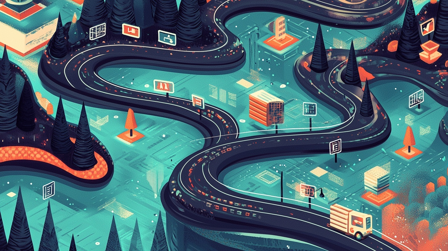 Stylized winding road through digital landscape representing data journey with various tech icons and elements